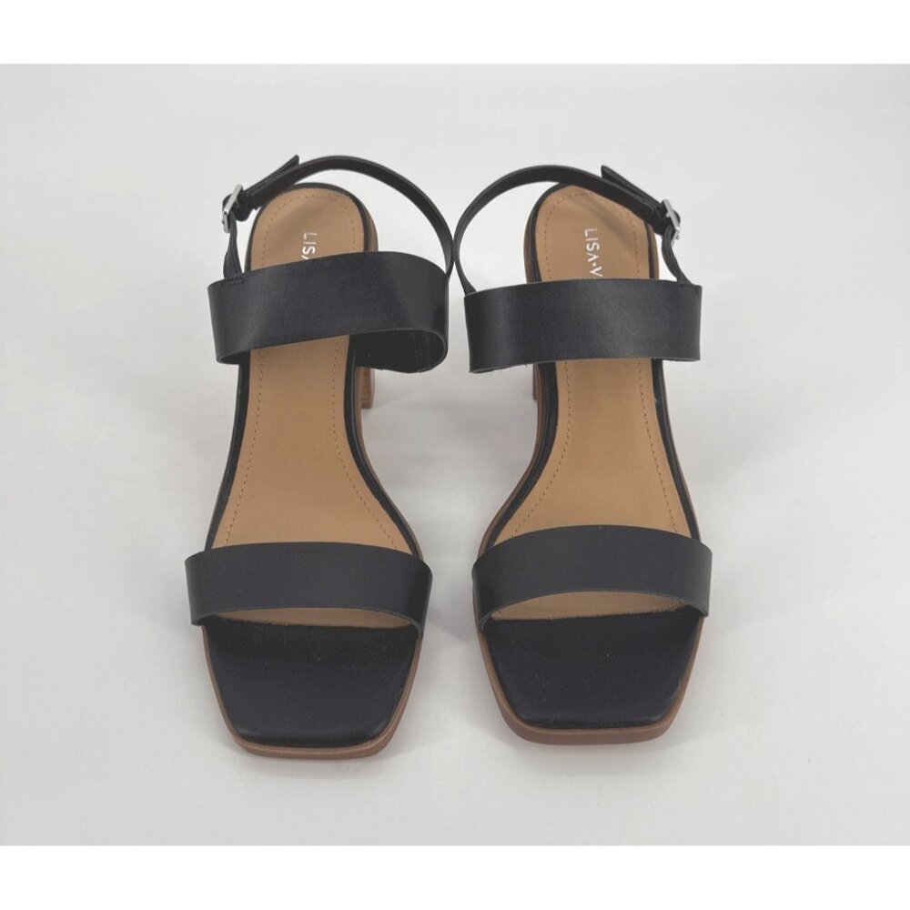 Lisa Vicky Oasis Sandals Black Leather Open Toe With Chunky Wooden Heel 9 New - Picture 2 of 11